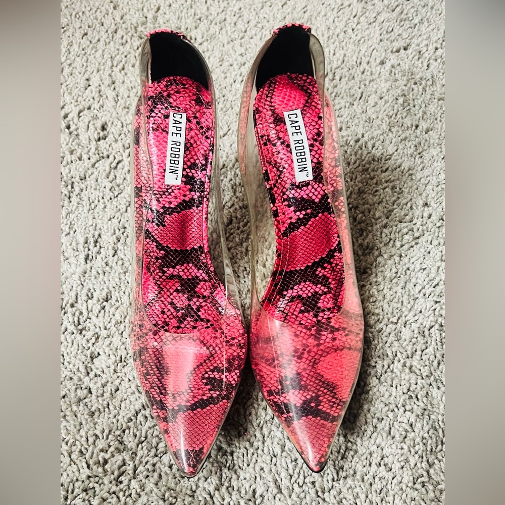 Clear, pink, snakeskin heels size 10